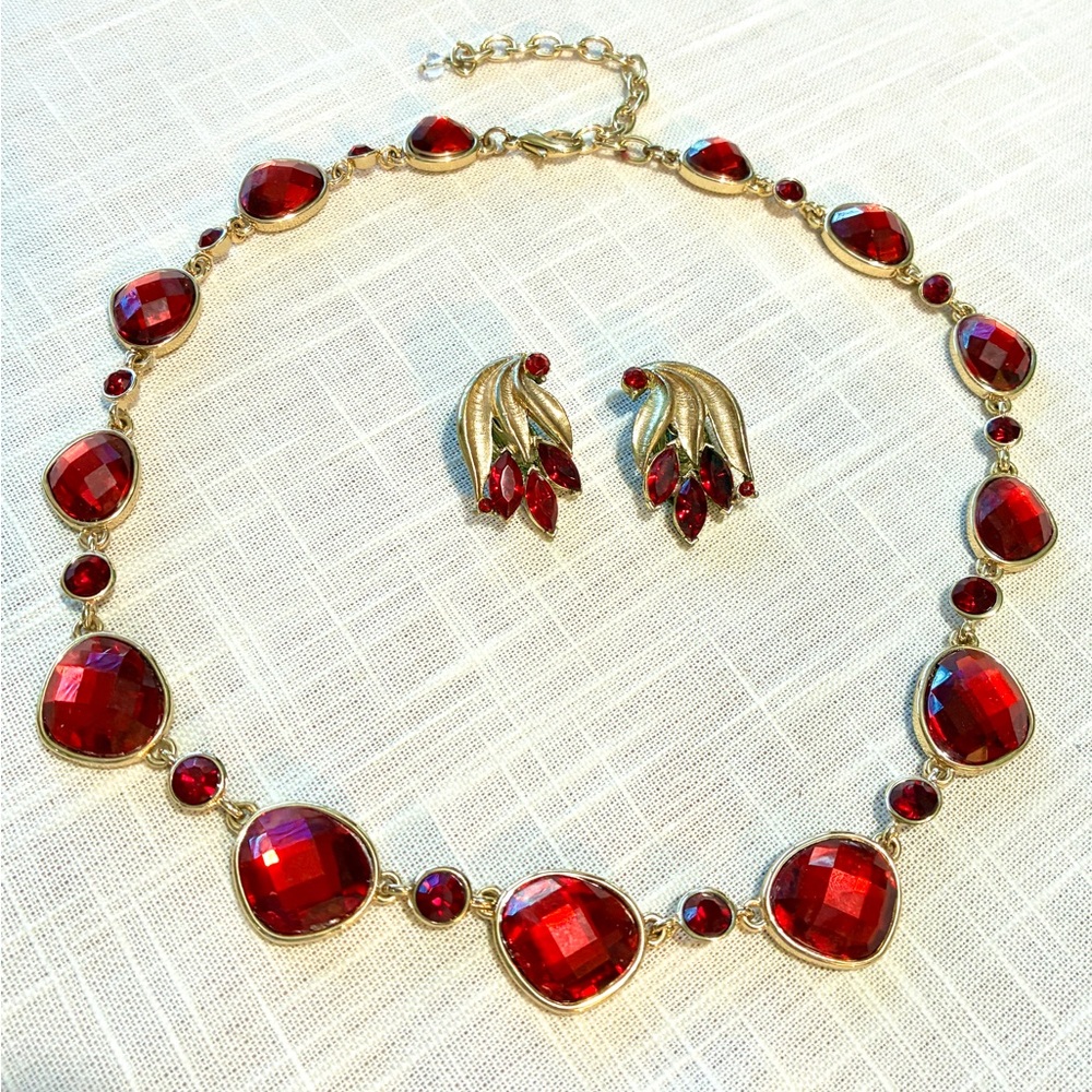 Napier Red and Gold Jewelry Necklace and Earrings